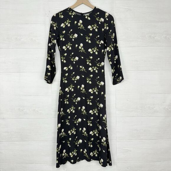 Reformation Floral Print Midi Dress Size 2 Black Floral Long Sleeve Cocktail - Picture 2 of 16